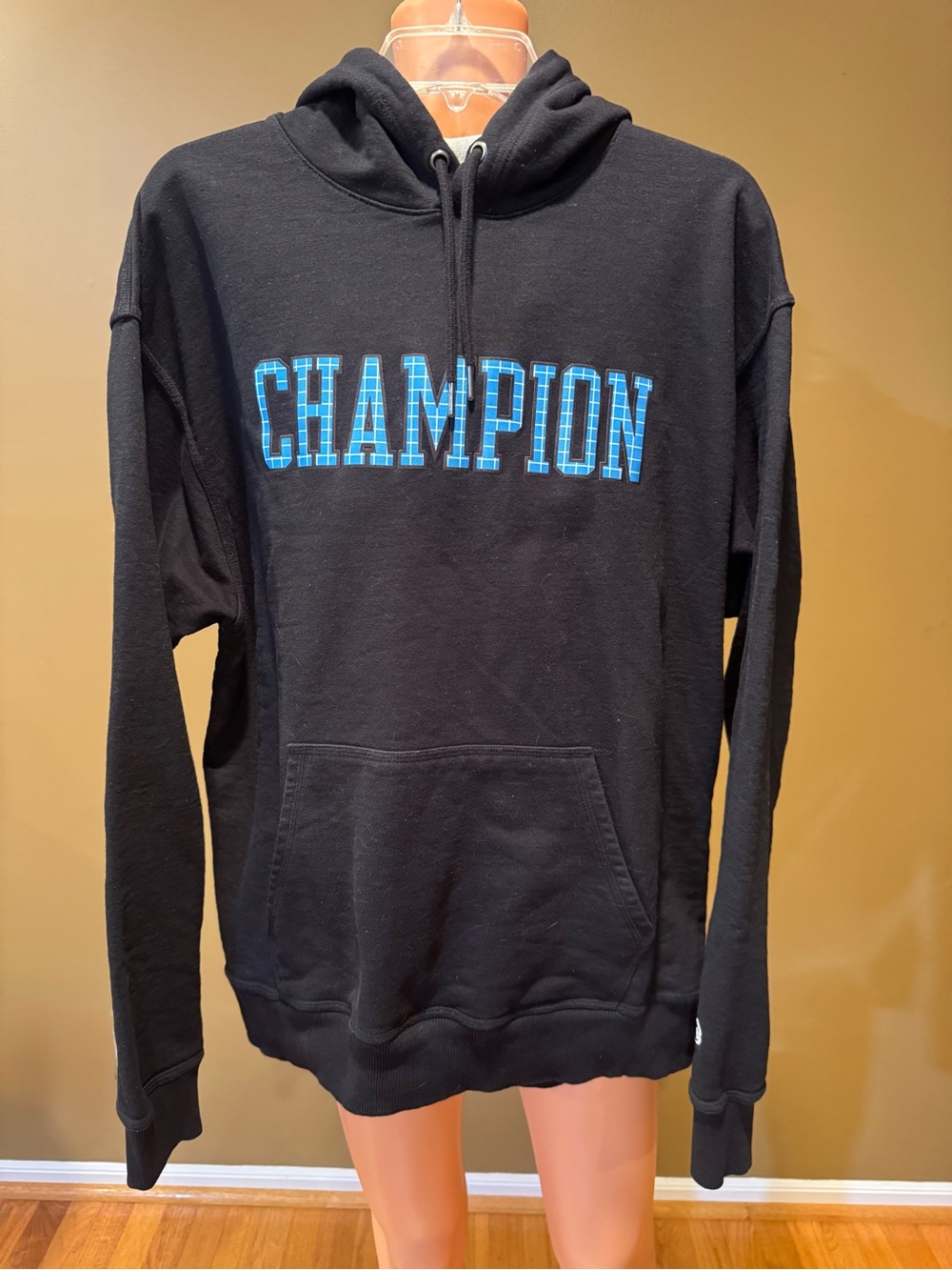 Champion Black Zip Hoodie with Blue Plaid Logo